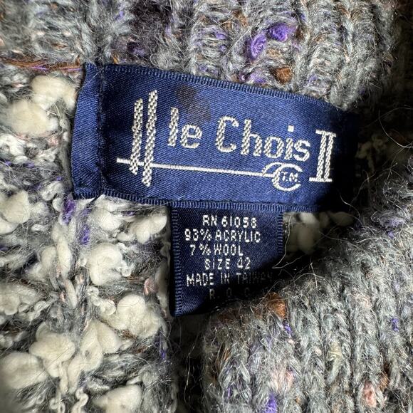 Vintage Knit Wool Blend Cardigan Le Chois Womens M/L Gray Chunky Knit Pockets - Picture 2 of 6